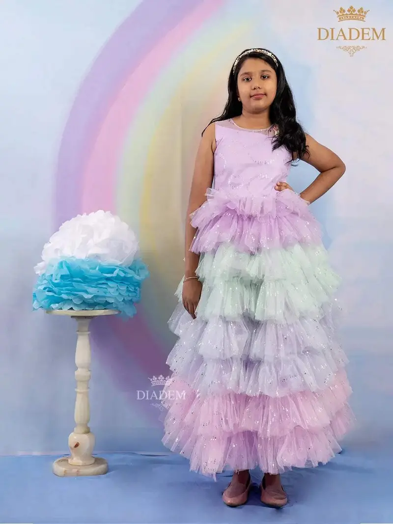 Multicolor Ruffled Gown Adorned In Shimmers 1