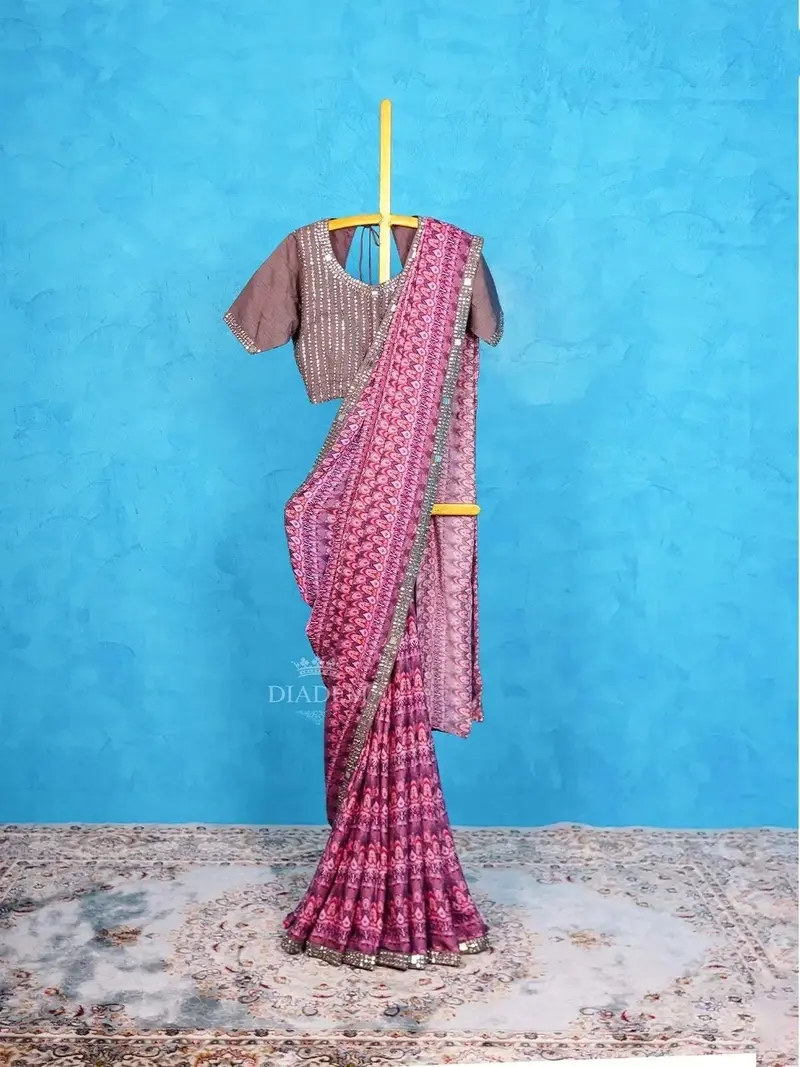 Multicolor Satin Crepe Saree Adorned With Mirror Work In Border Along  With Designer Blouse 1
