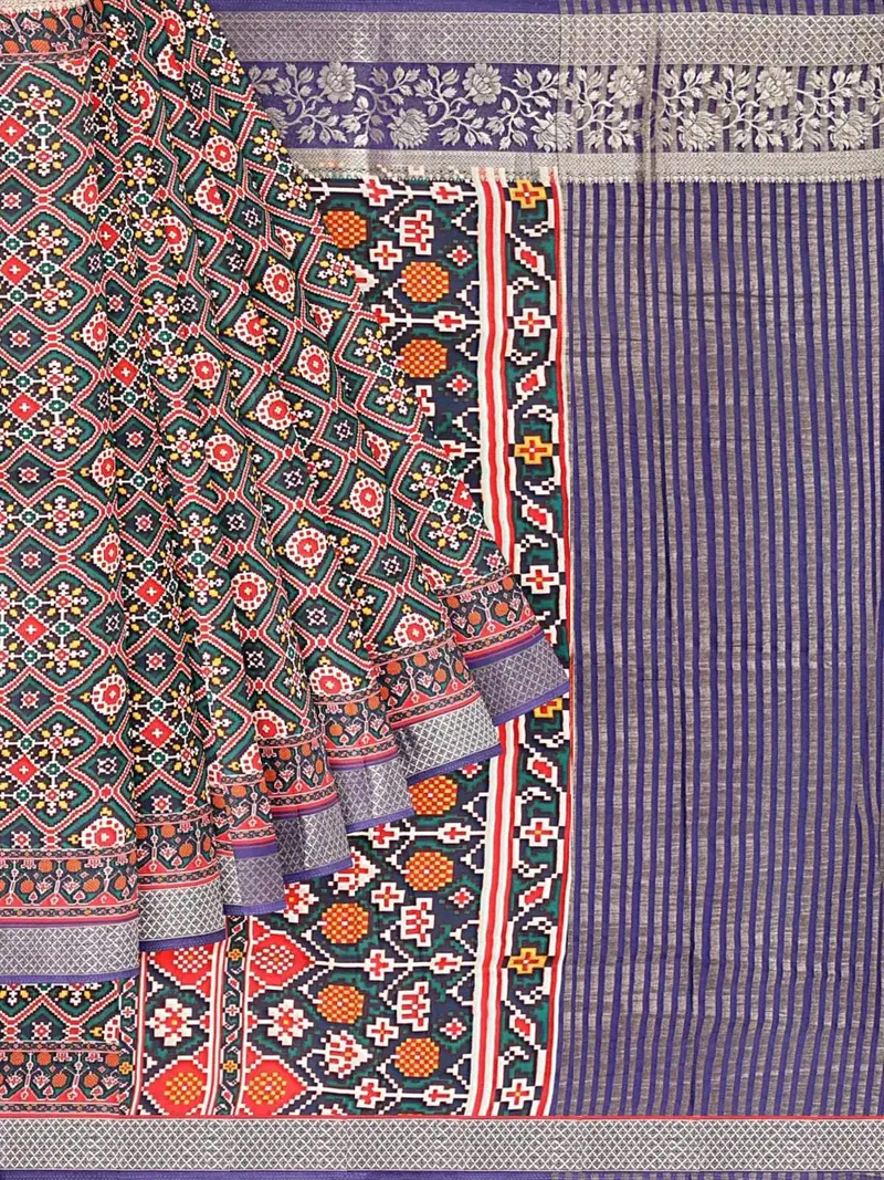 Multicolor Semi Tussar Silk Saree With Patola Prints On The Body And Contrast Zari Border 1