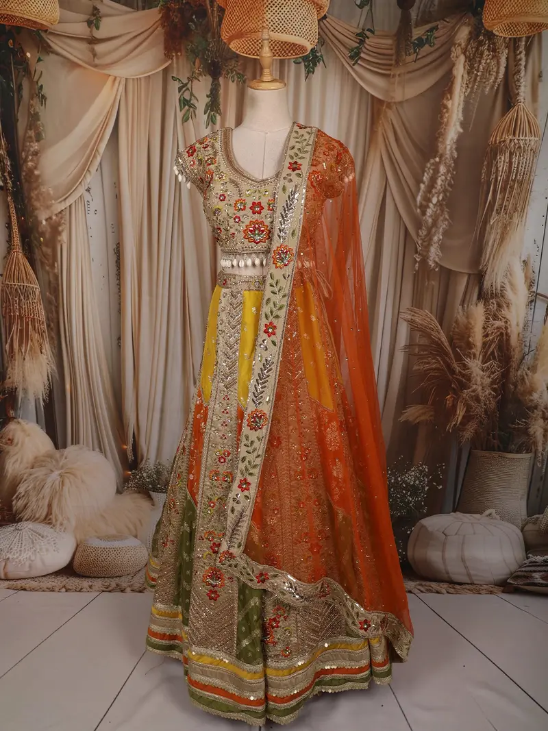 Multicolor Sequins And Beads Embroidered Design Silk Lehenga With Dupatta 1