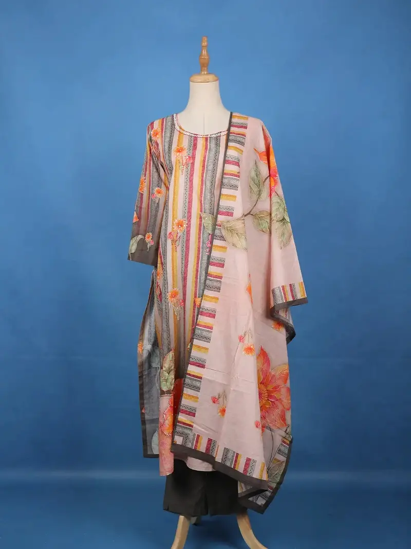 Multicolor Striped & Floral Embellished Salwar Suit Set With Dupatta 1