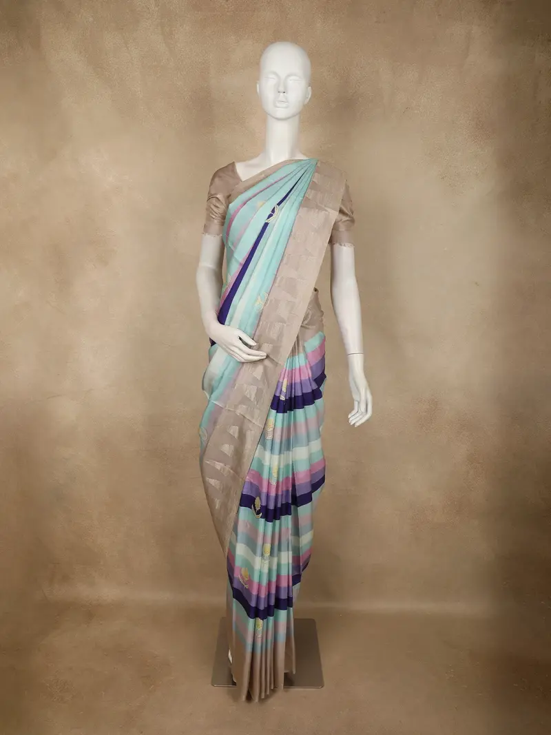 Multicolor Striped Woven Design Pure Crepe Silk Saree With Contrast Temple Border 1