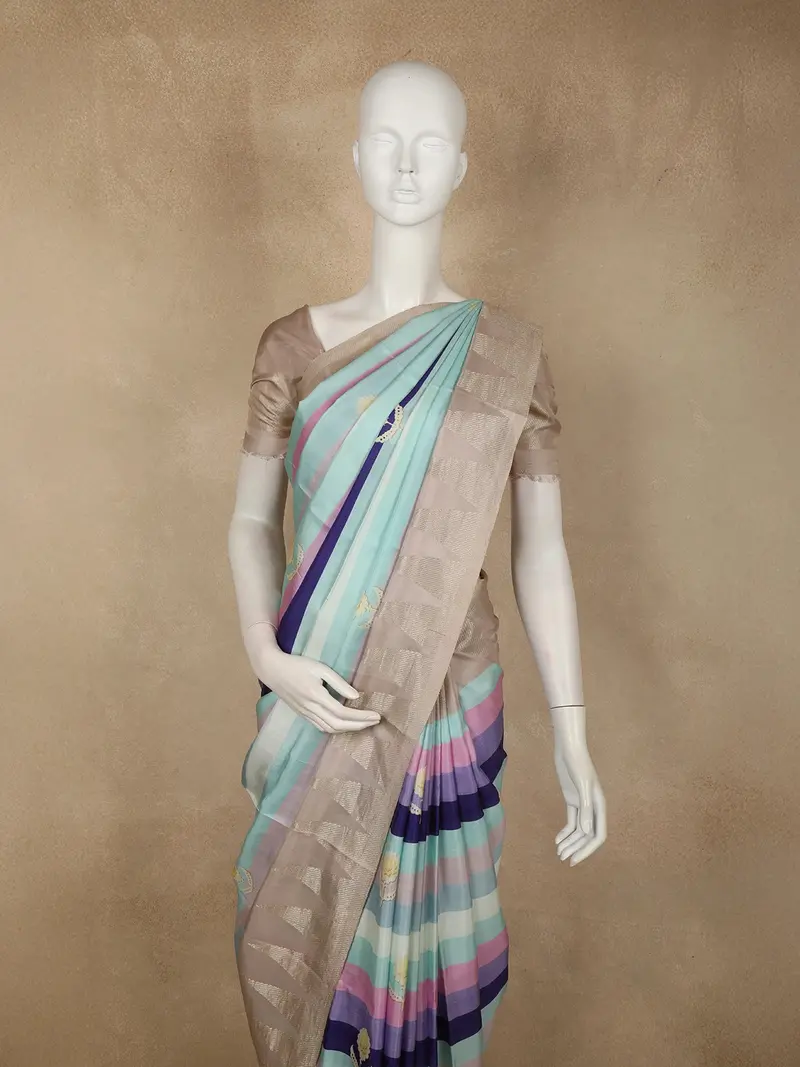 Multicolor Striped Woven Design Pure Crepe Silk Saree With Contrast Temple Border 2