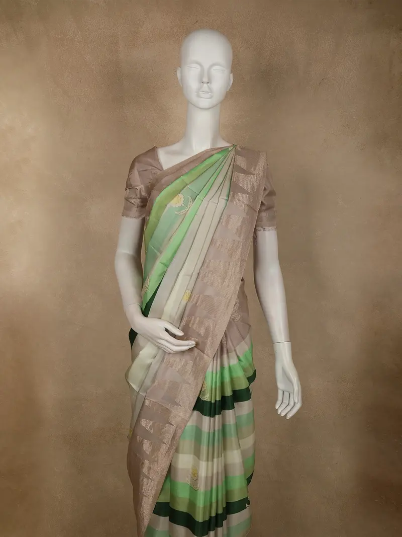 Multicolor Striped Woven Design Pure Crepe Silk Saree With Contrast Temple Border 2