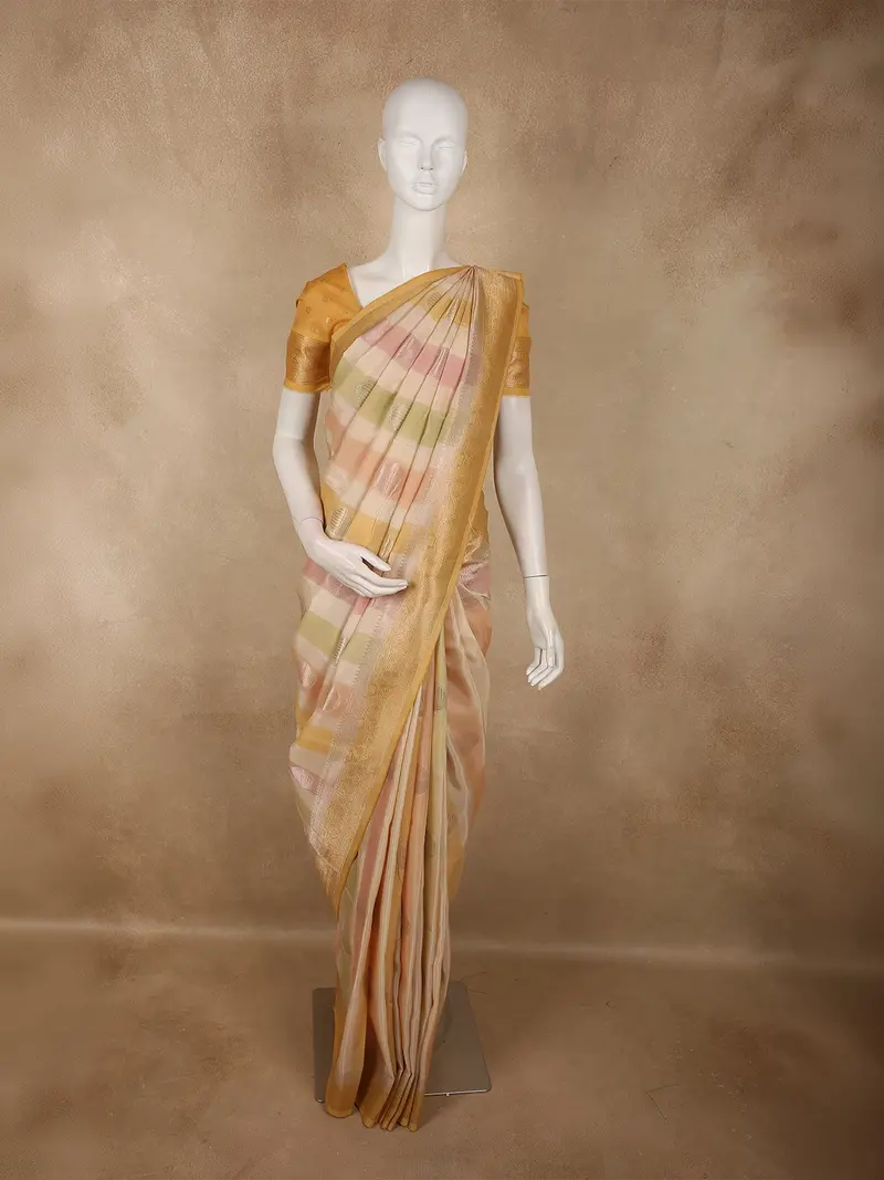 Multicolor Striped Zari Woven Design Semi Banarasi Saree With Zari Border 1