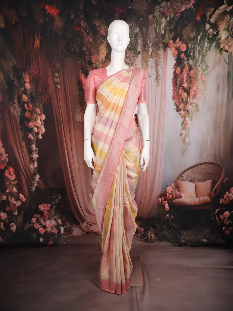 Multicolor Stripes And Circle Motif Woven Banarasi Silk Saree With Contrast Pink Zari Border 1
