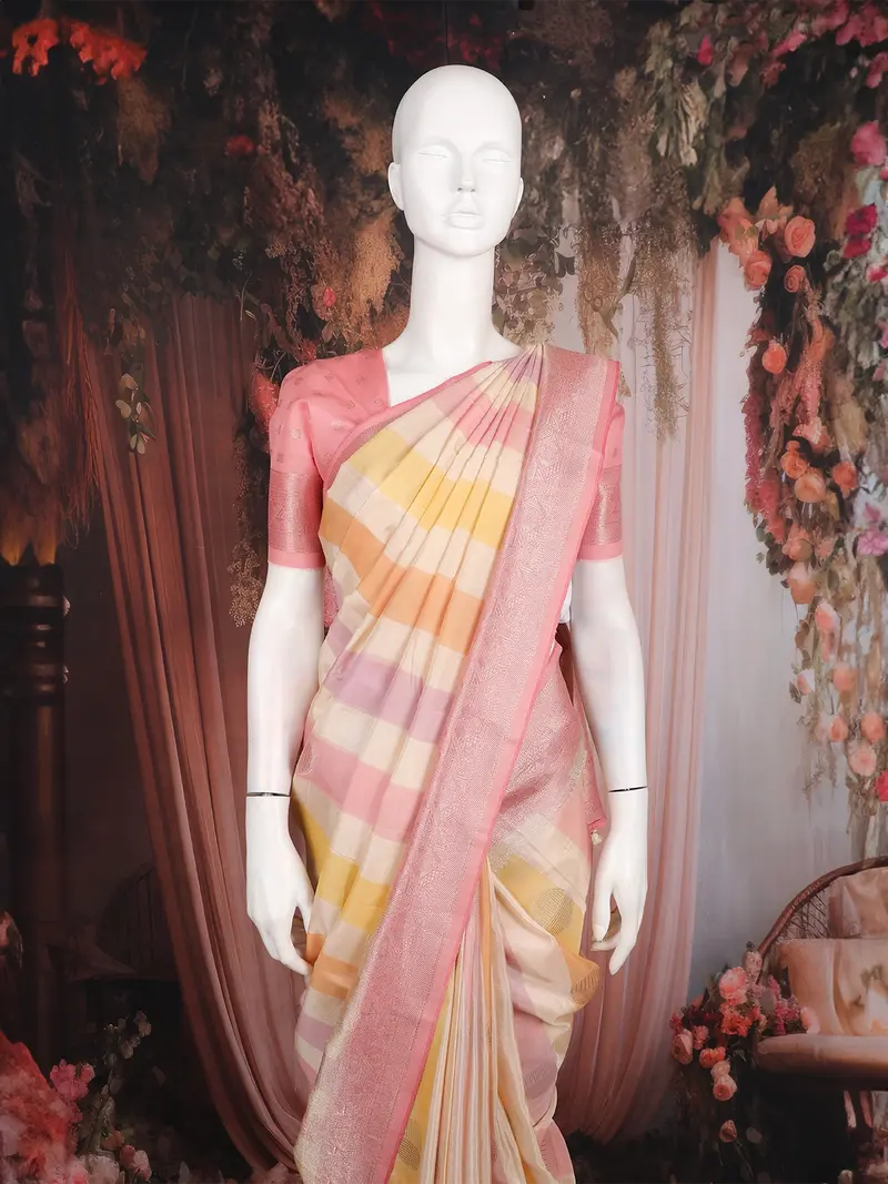 Multicolor Stripes And Circle Motif Woven Banarasi Silk Saree With Contrast Pink Zari Border 2