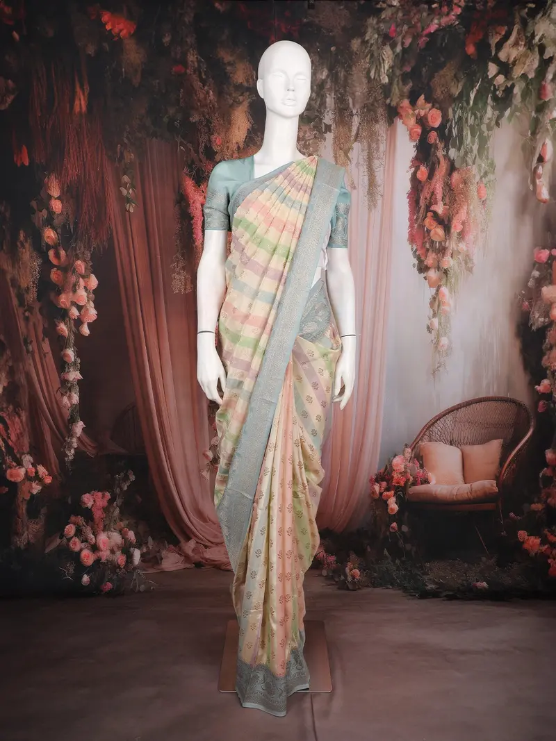 Multicolor Stripes And Floral Woven Banarasi Silk Saree With Contrast Blue Zari Border 1