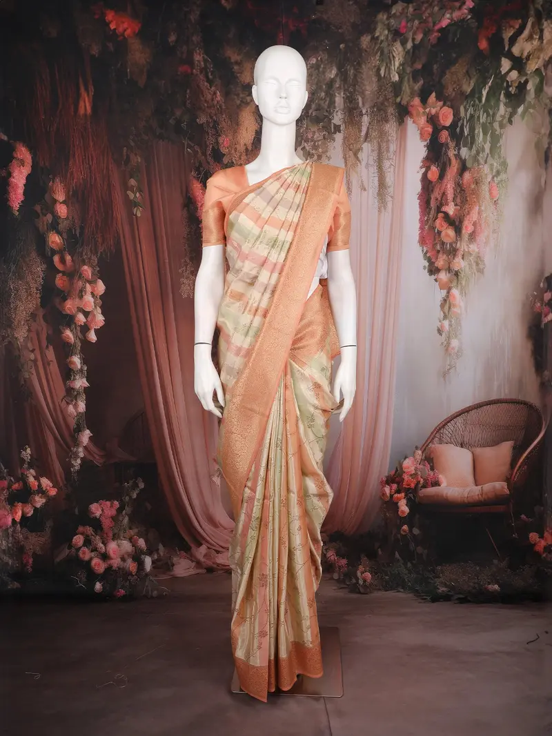 Multicolor Stripes And Floral Woven Banarasi Silk Saree With Contrast Peach Zari Border 1