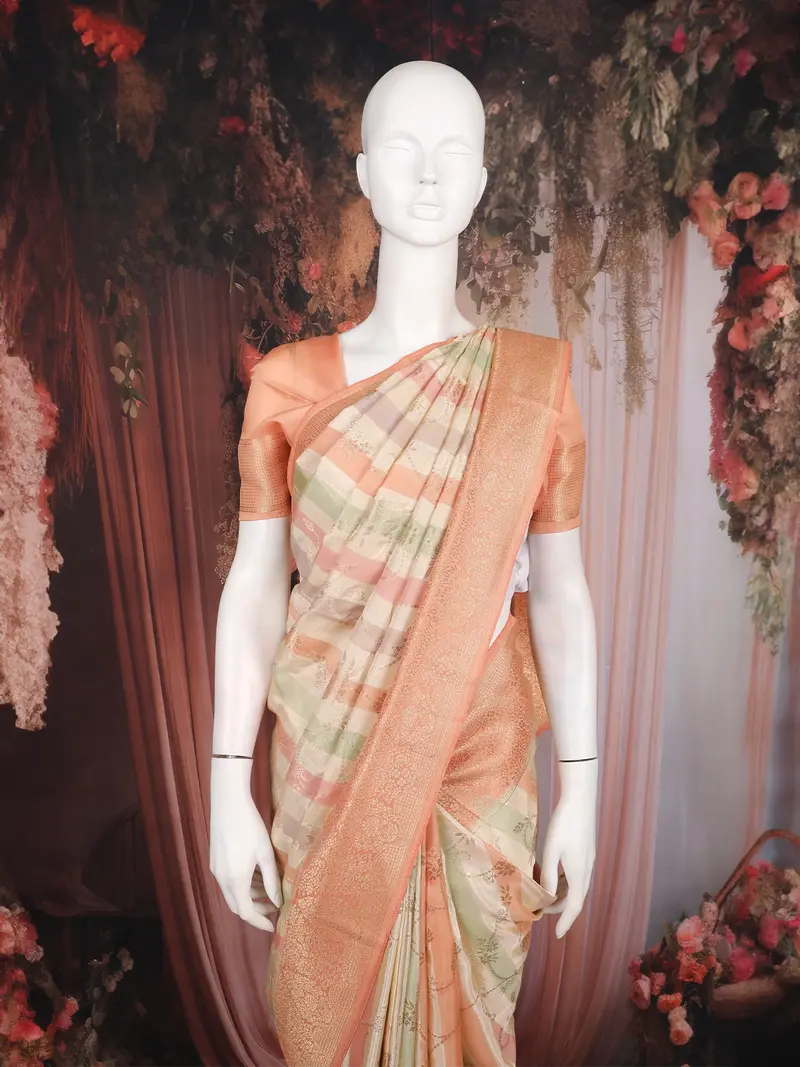 Multicolor Stripes And Floral Woven Banarasi Silk Saree With Contrast Peach Zari Border 2