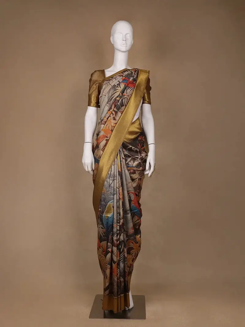 Multicolor Tropical Parrot Printed Semi Tussar Saree 1