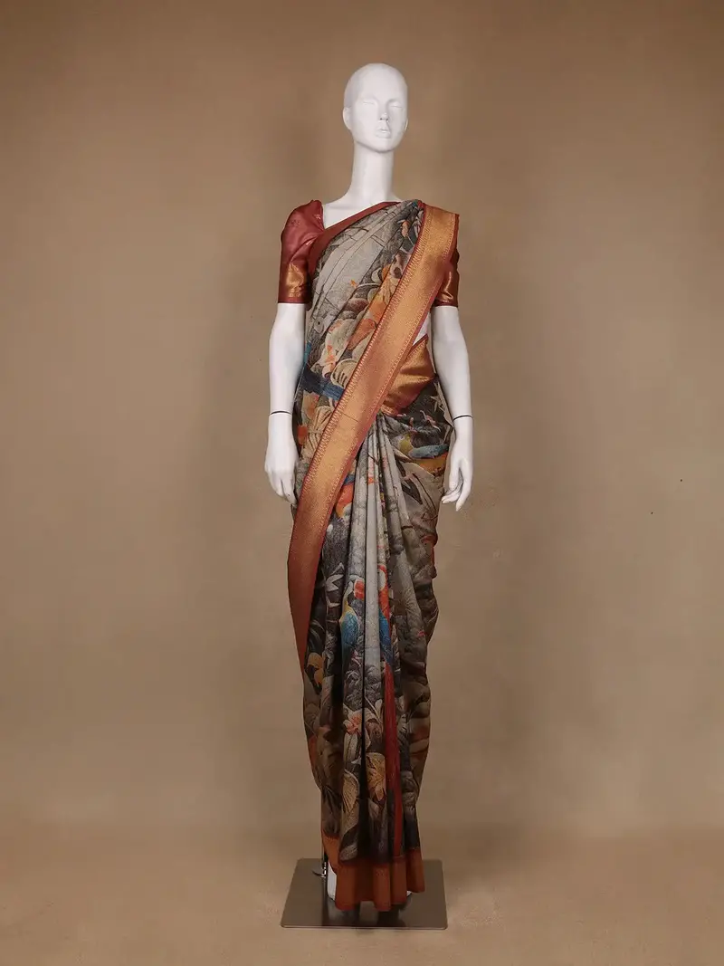 Multicolor Tropical Parrot Printed Semi Tussar Saree 1
