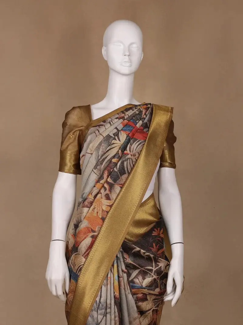 Multicolor Tropical Parrot Printed Semi Tussar Saree 2