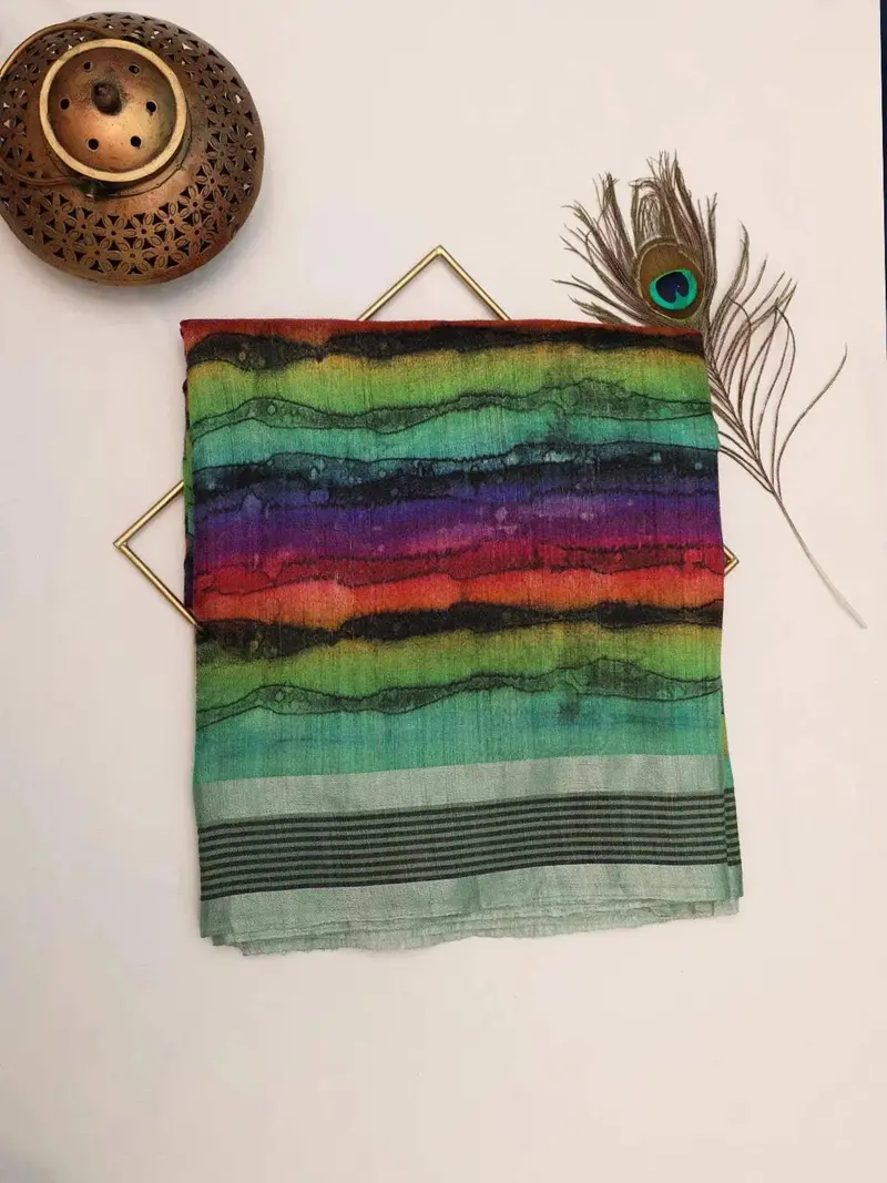 Multicolor Tussar Silk Saree With Zari Border & Printed Design 1