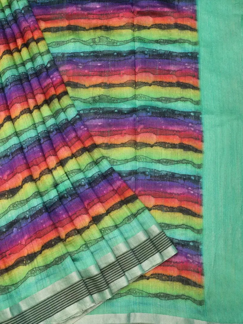 Multicolor Tussar Silk Saree With Zari Border & Printed Design 2