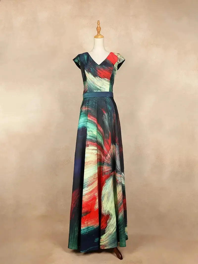 Multicolor With Allover Printed Design And Cap Sleeves Gown 1