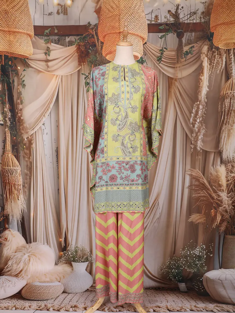 Multicolored Pastel Floral Design Crepe Kaftan Suit 1