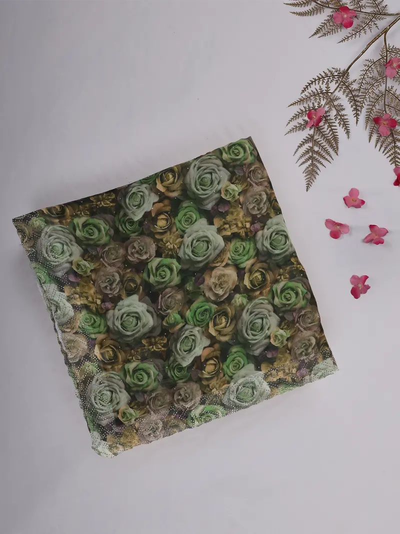 Multicolour Rose Floral Printed Chiffon Saree With Stone Embellished Scallop Border 1