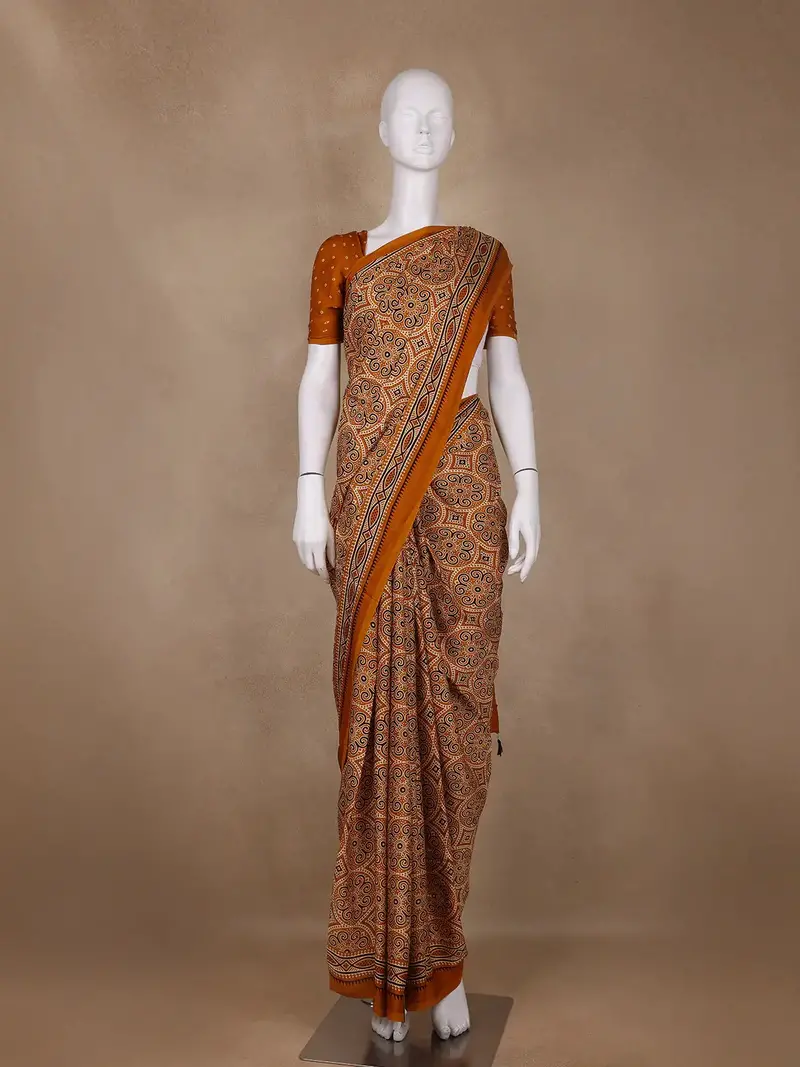 Mustard Ajrakh Print Mul Mul Cotton Saree 1