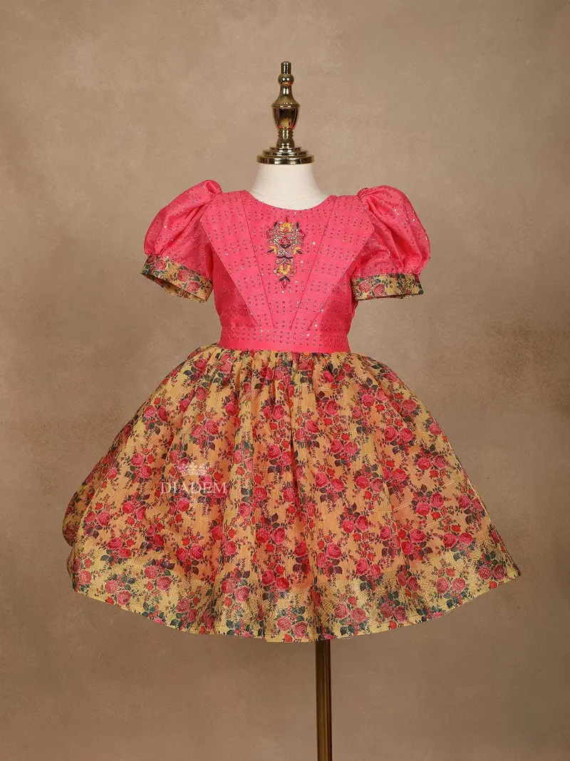 Mustard And Peach Crepe Frock Adorned With Floral Prints And Sequins 1