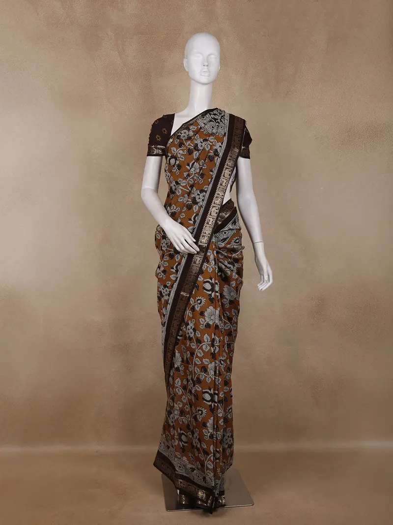 Mustard Brown Floral Printed Design Chanderi Cotton Saree With Contrast Zari Border 1