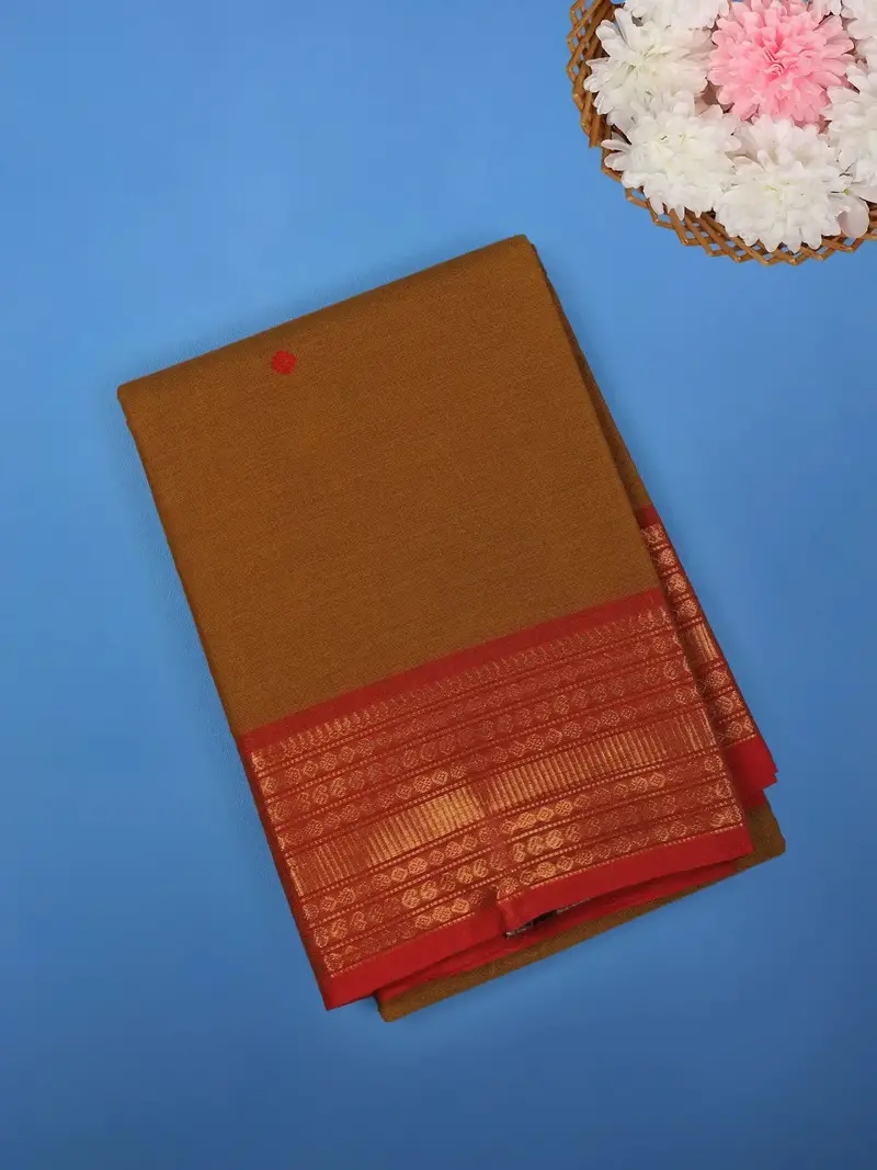 Mustard Brown Solid Cotton Saree Print Border 1