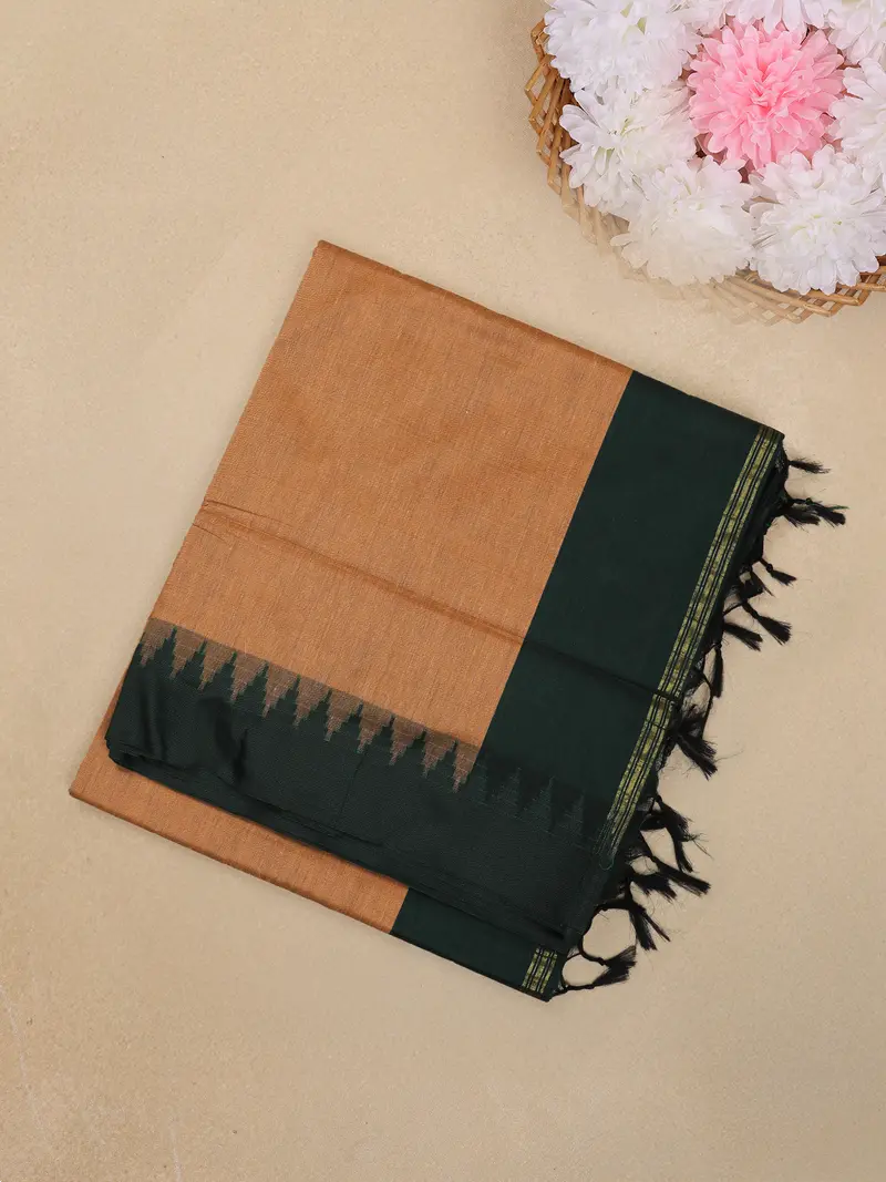 Mustard Brown Solid Design Kalyani Cotton Saree With Contrast Temple Border 1