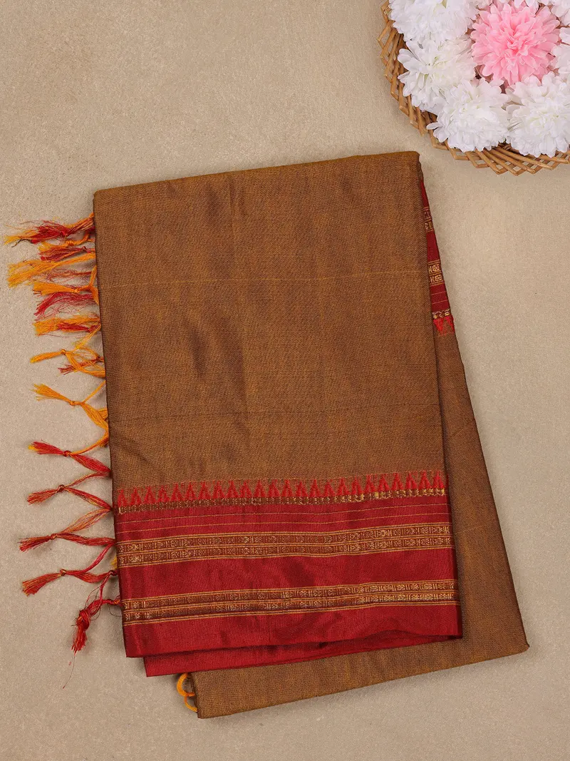 Mustard Brown Solid Design Pure Cotton Saree With Contrast Red Zari Border 1