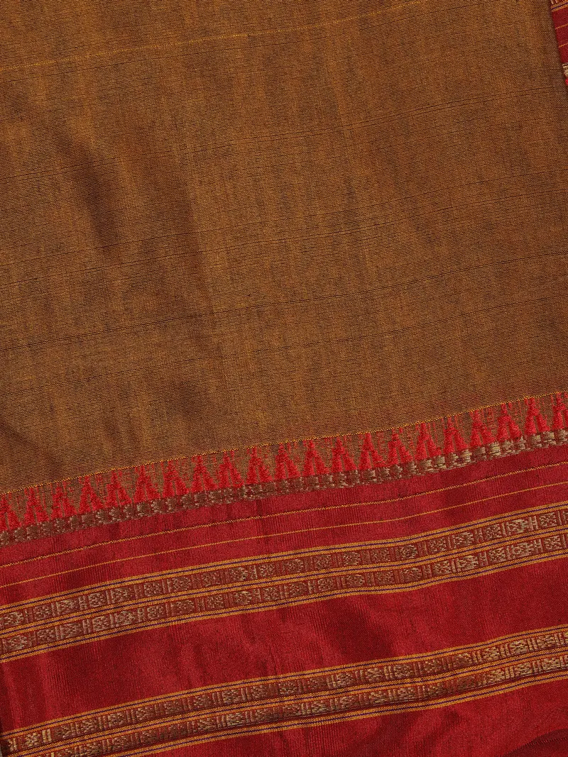 Mustard Brown Solid Design Pure Cotton Saree With Contrast Red Zari Border 2