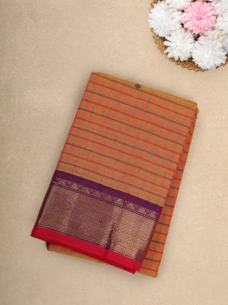 Mustard Checks Design Cotton Saree With Purple Zari Woven Border 1