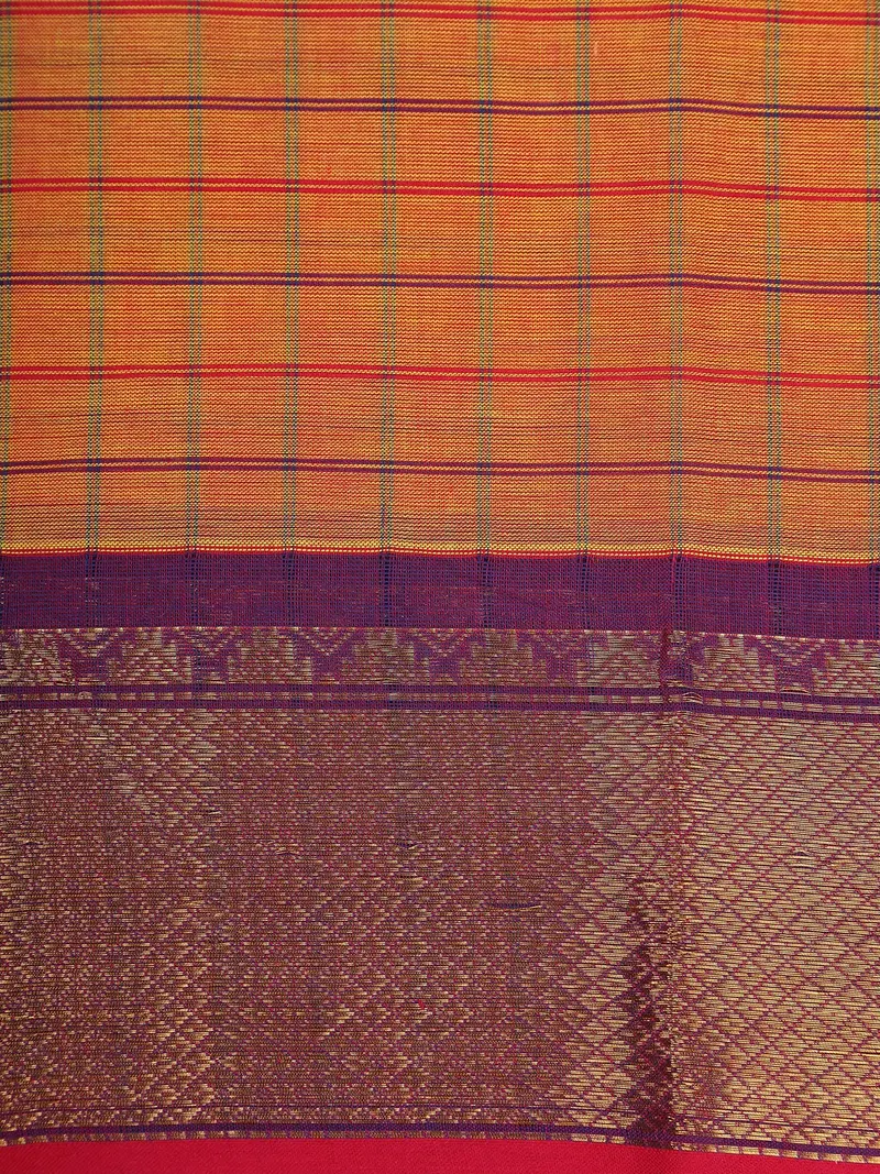 Mustard Checks Design Cotton Saree With Purple Zari Woven Border 2