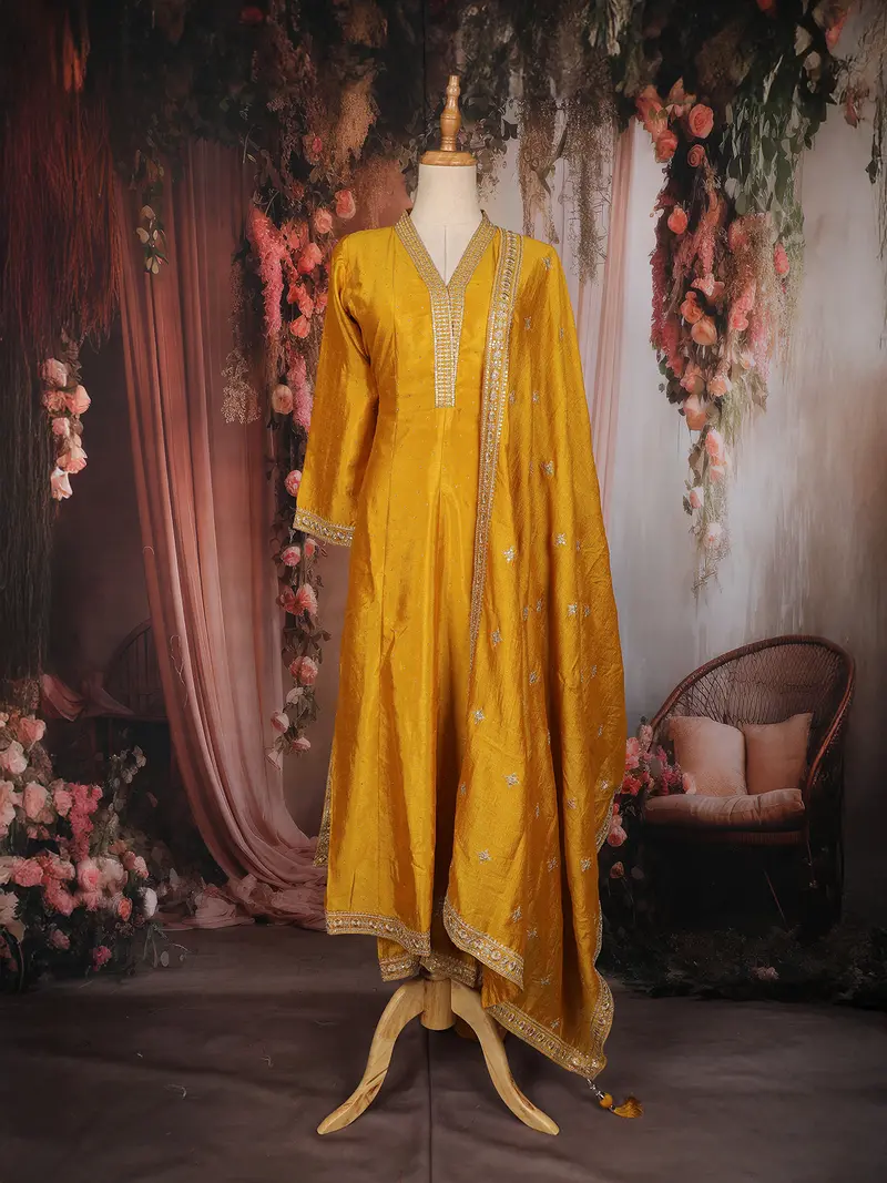 Mustard Embroidered Georgette Straight Cut Salwar Suit 1