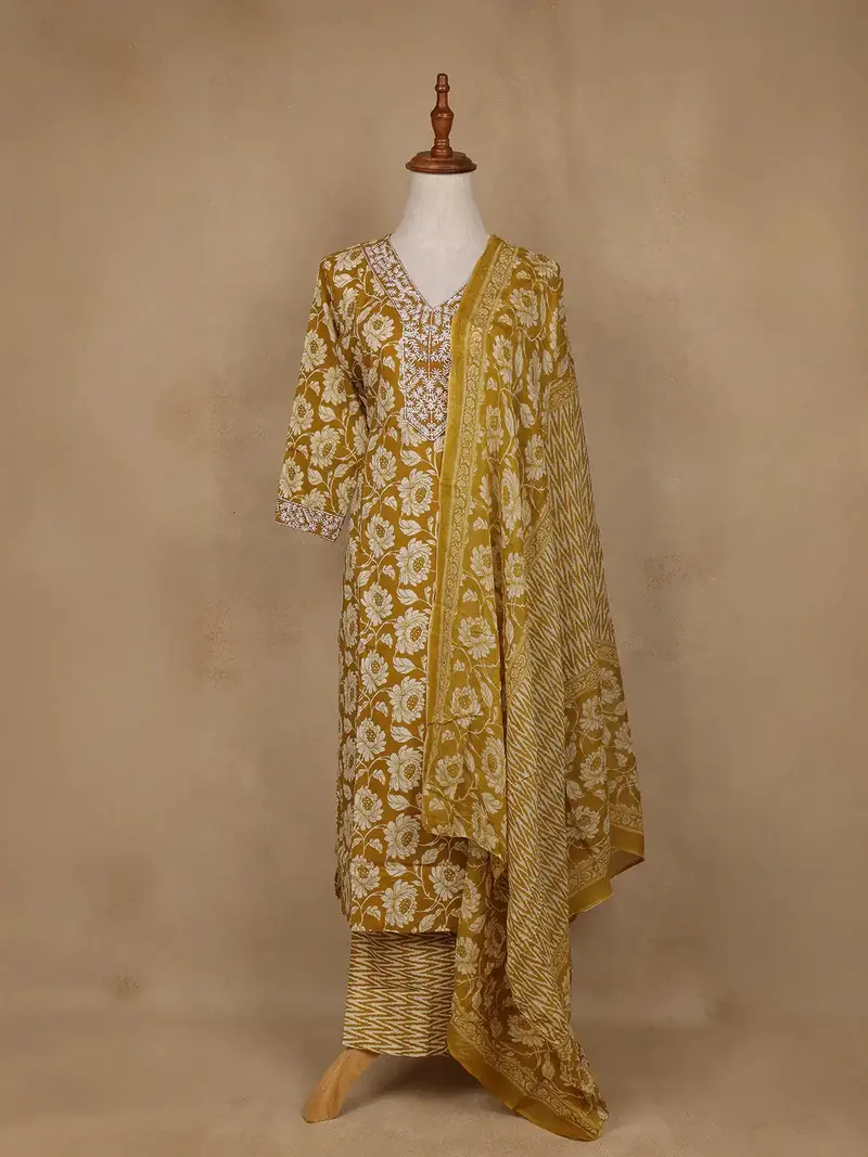 Mustard Floral Design Printed Cotton Salwar Suit 1