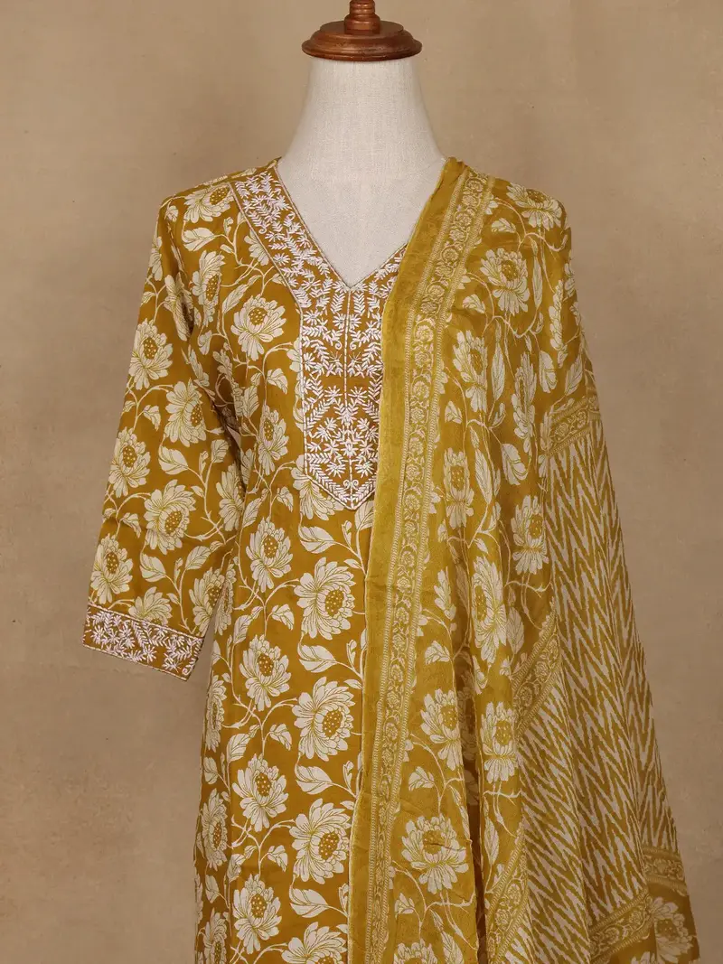 Mustard Floral Design Printed Cotton Salwar Suit 2