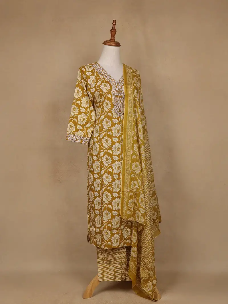 Mustard Floral Design Printed Cotton Salwar Suit 4