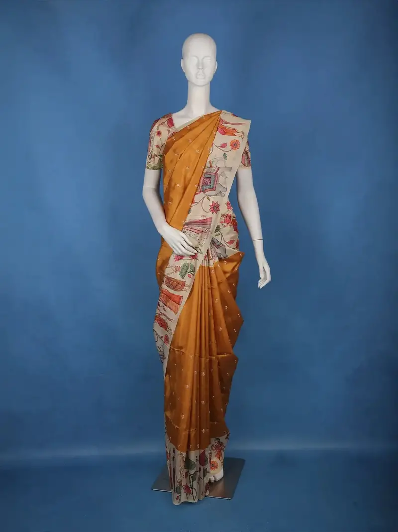 Mustard Floral Design Semi Tussar Saree With Madhubani Inspired Print 1