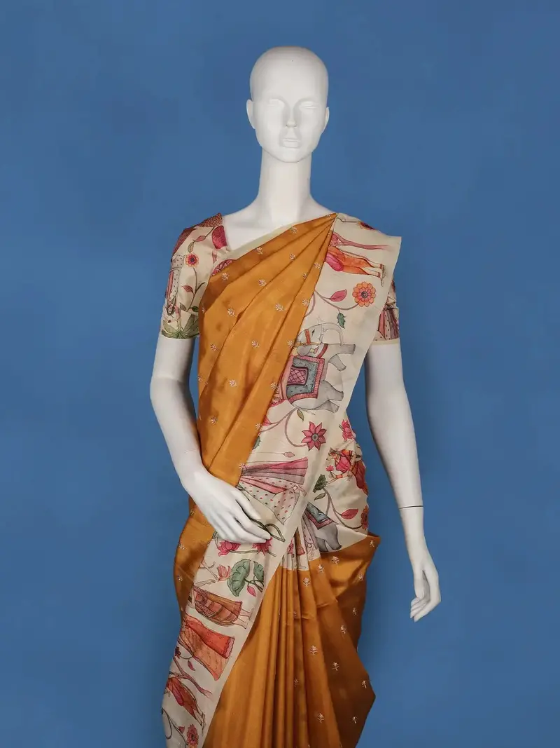 Mustard Floral Design Semi Tussar Saree With Madhubani Inspired Print 2