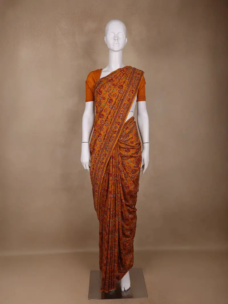 Mustard Floral Designed Chanderi Cotton Saree 1