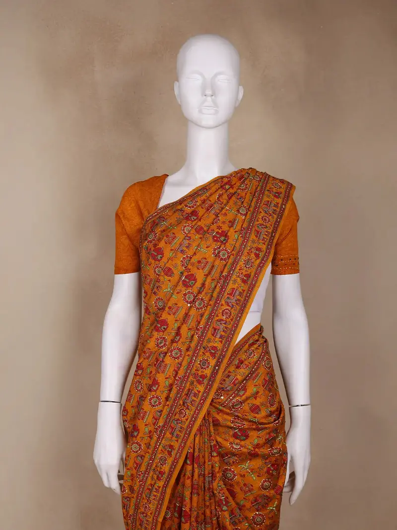 Mustard Floral Designed Chanderi Cotton Saree 2