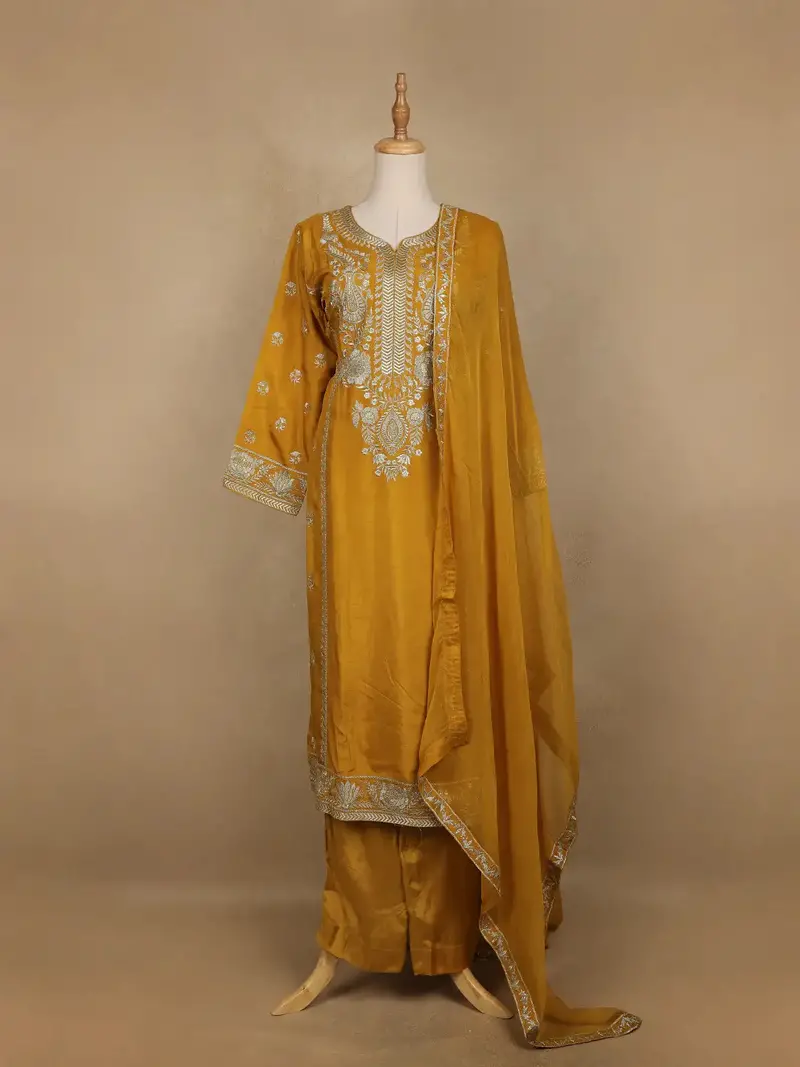 Mustard Floral Designed Semi Silk Salwar Suit 1