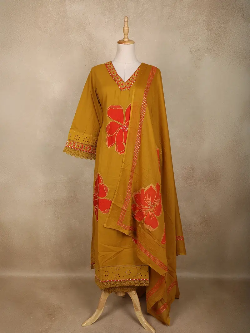 Mustard Floral Embroidered Cotton Salwar Suit With Dupatta 1
