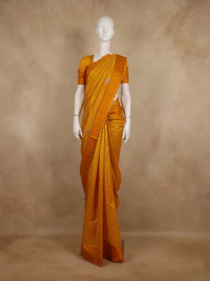 Mustard Floral Embroidered Raw Silk Saree 1