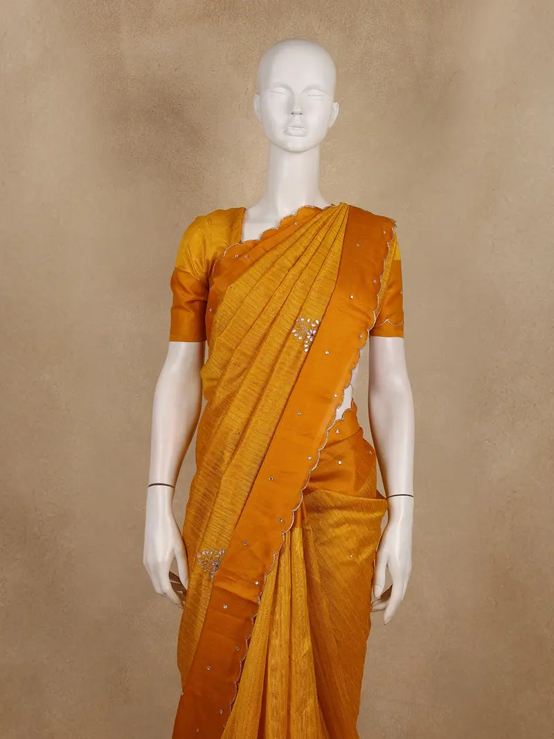 Mustard Floral Embroidered Raw Silk Saree 2