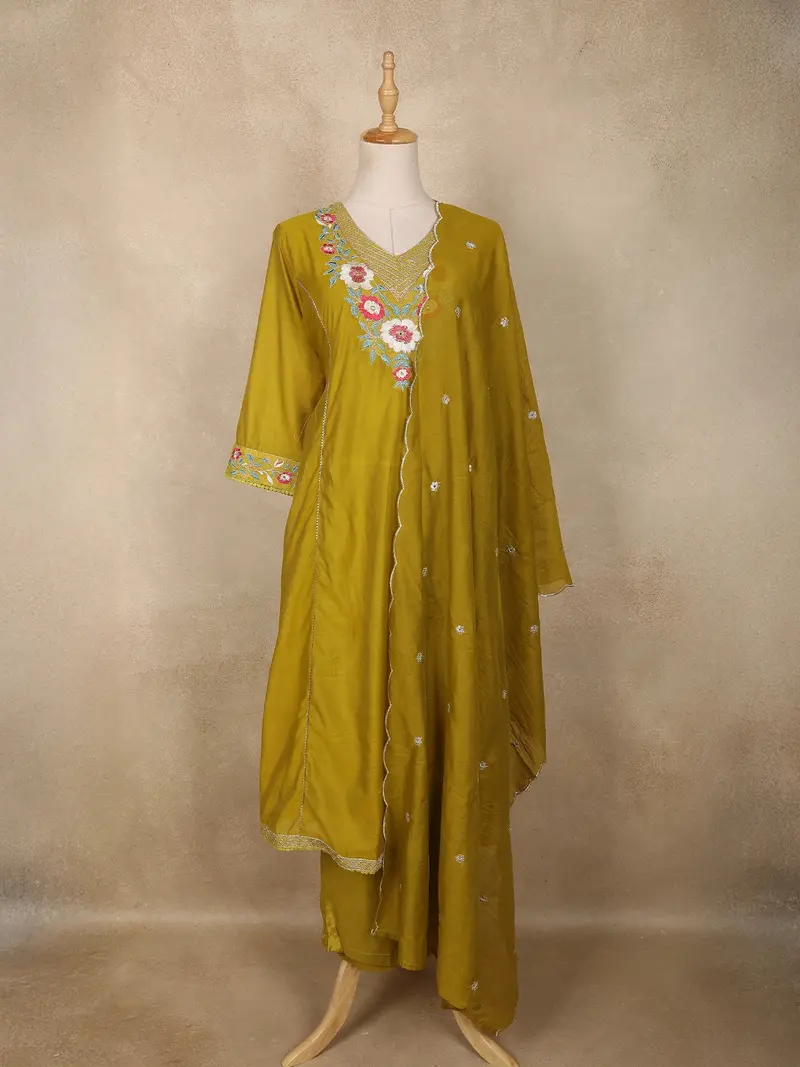 Mustard Floral Embroidered Tissue Silk Straight Cut Salwar Suit With Dupatta 1