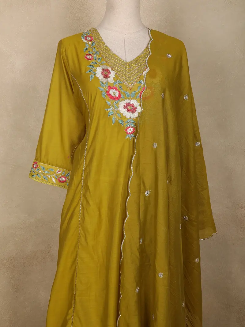 Mustard Floral Embroidered Tissue Silk Straight Cut Salwar Suit With Dupatta 2