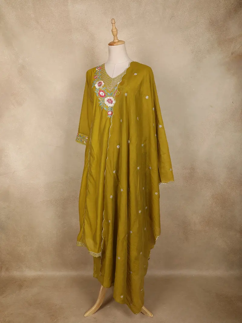 Mustard Floral Embroidered Tissue Silk Straight Cut Salwar Suit With Dupatta 3