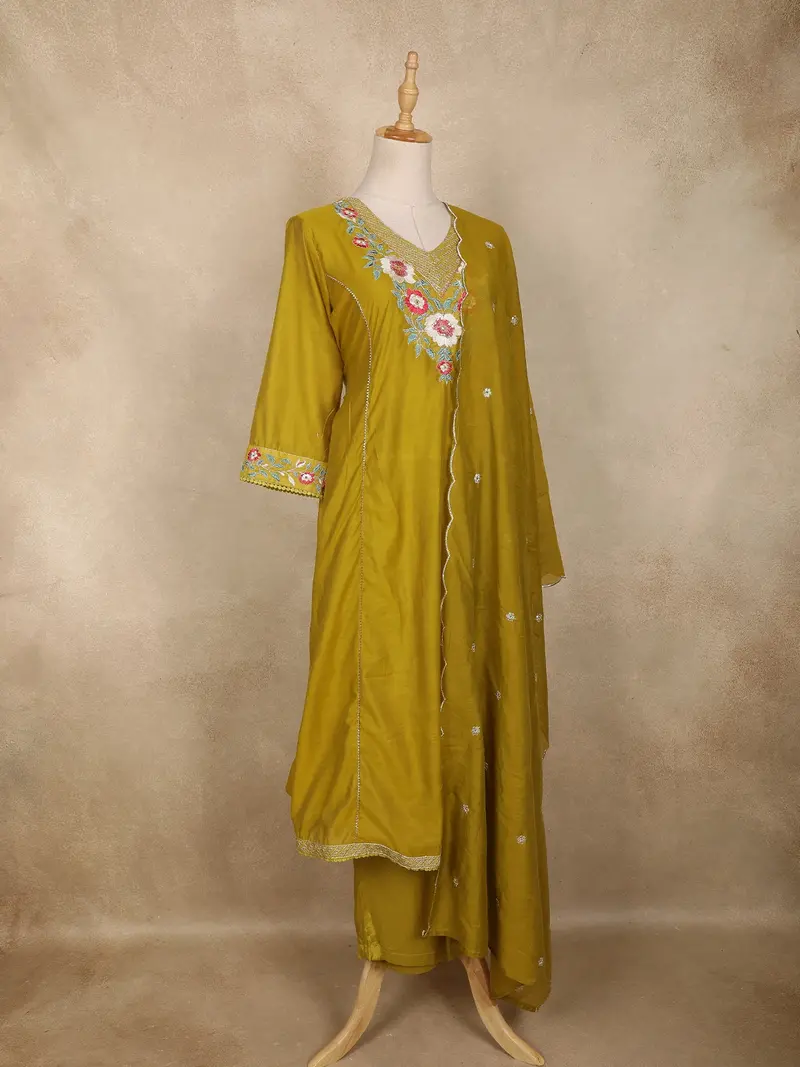 Mustard Floral Embroidered Tissue Silk Straight Cut Salwar Suit With Dupatta 4
