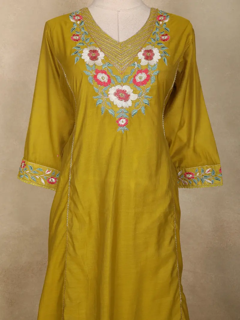 Mustard Floral Embroidered Tissue Silk Straight Cut Salwar Suit With Dupatta 5