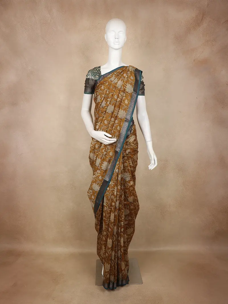 Mustard Floral Printed Chanderi Cotton Saree With Teal Zari Border 1