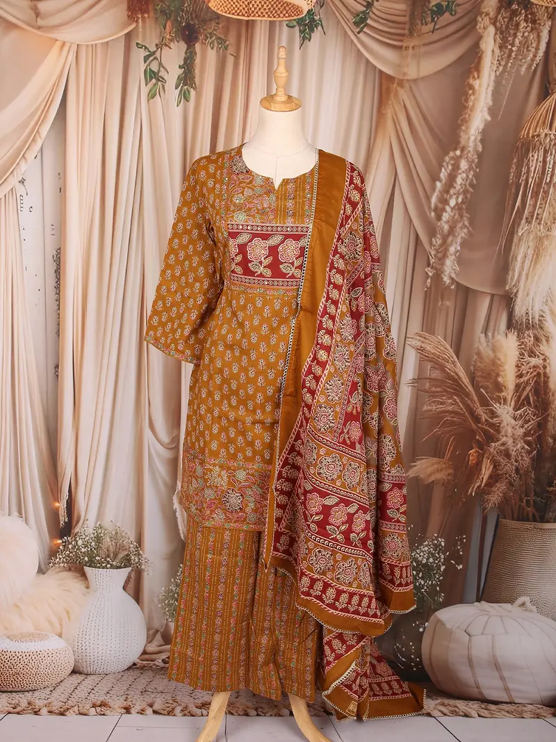 Mustard Floral Printed Cotton Palazzo Suit With Printed Dupatta 1
